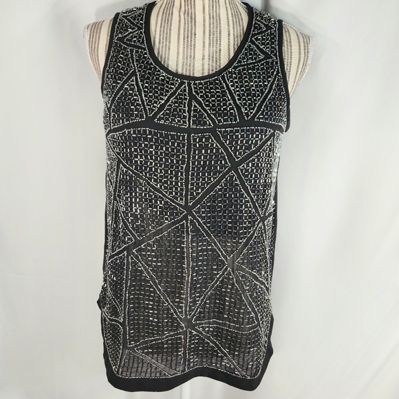 Olive & Oak Black Silver Beaded Front Keyhole Opening Back Sleeveless Top XSmall - Picture 1 of 12